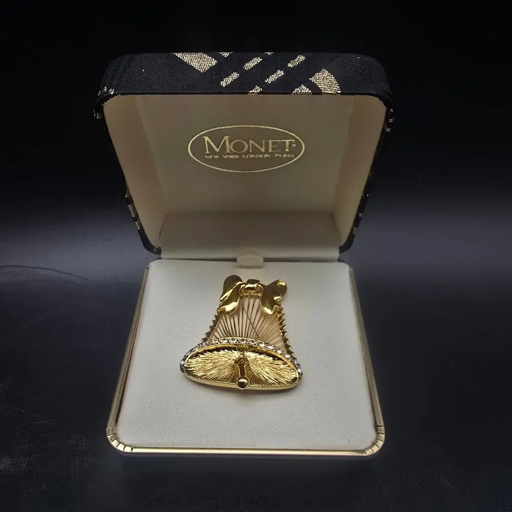 Monet Gold Tone Bell Brooch Christmas Vintage NOS In Box
